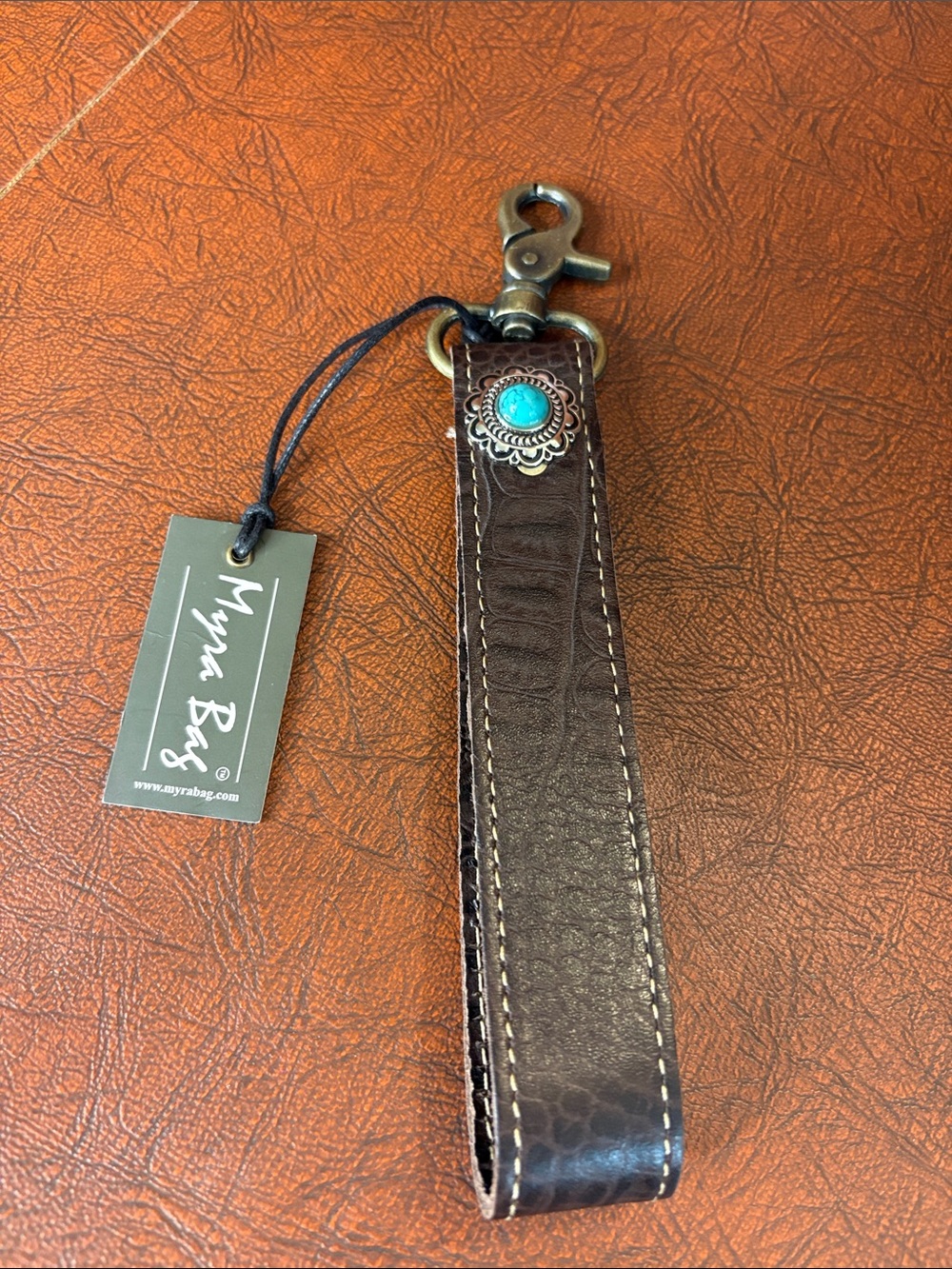 Myra Bag Dark Brown Leather Key Wristlet with Turquoise Accent